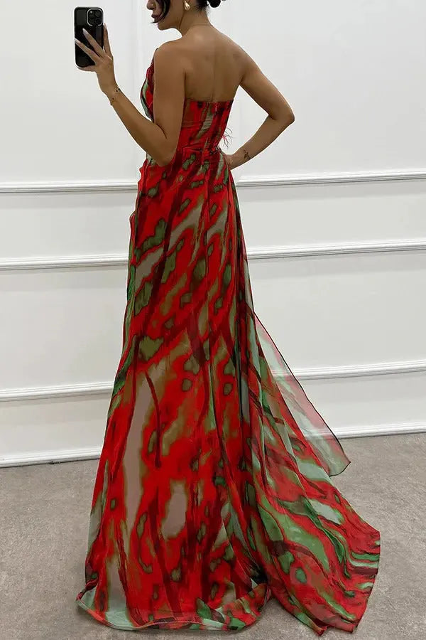 Damen Trägerloses Langes Kleid Mit Print Design