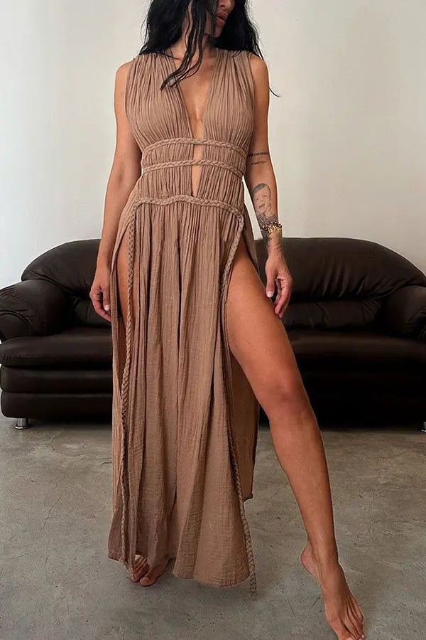 Cut Out Taille Ärmelloses Tiefer Ausschnitt Maxikleid Für Damen