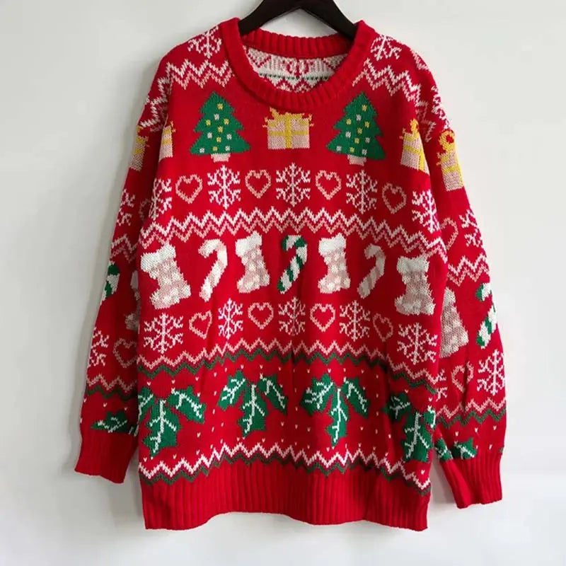 Lustiger Ugly Christmas Pullover mit Strumpfmuster Winter Damen
