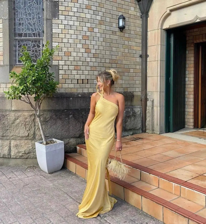 Ärmelloses Satin Kleid Bodenlang mit Einem Schulterträger für Damen