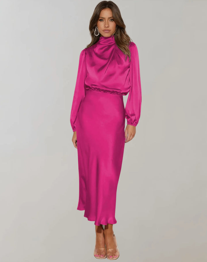 Hoher Kragen Langarm Elegantes Midikleid Für Damen