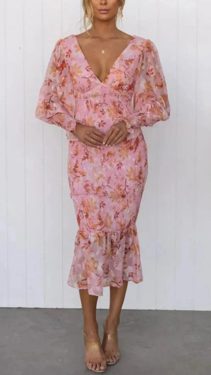 Tailliertes Transparentärmel Rüschen Saum Midikleid für Damen