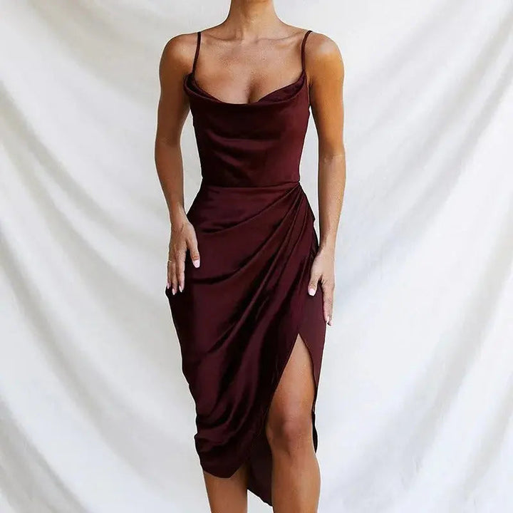 Ärmelloses Wasserfallausschnitt Drapiertes Seitenschlitz Kleid für Damen