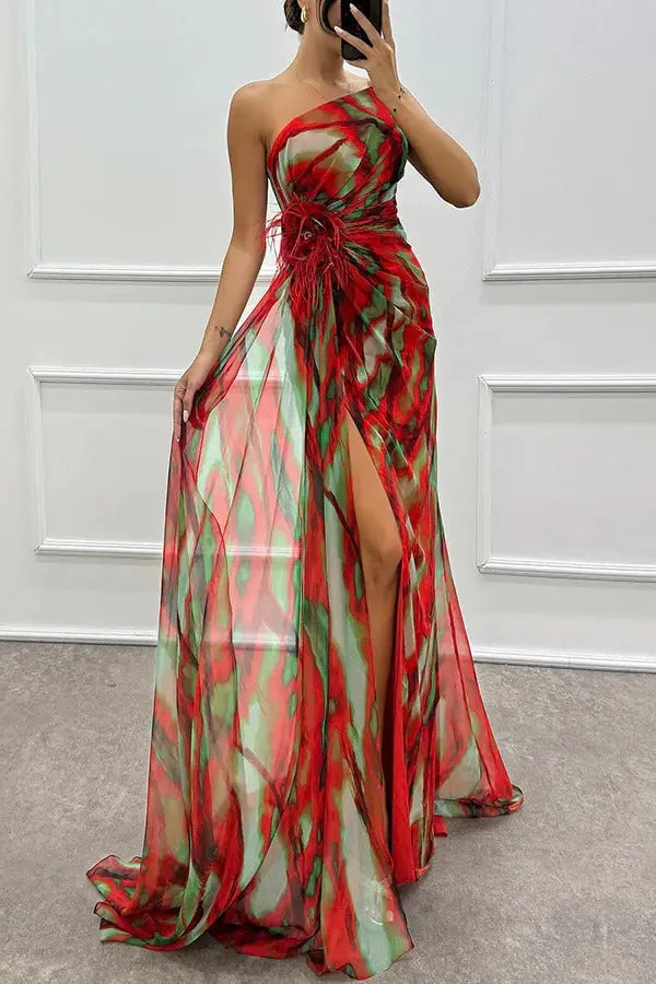 Damen Trägerloses Langes Kleid Mit Print Design