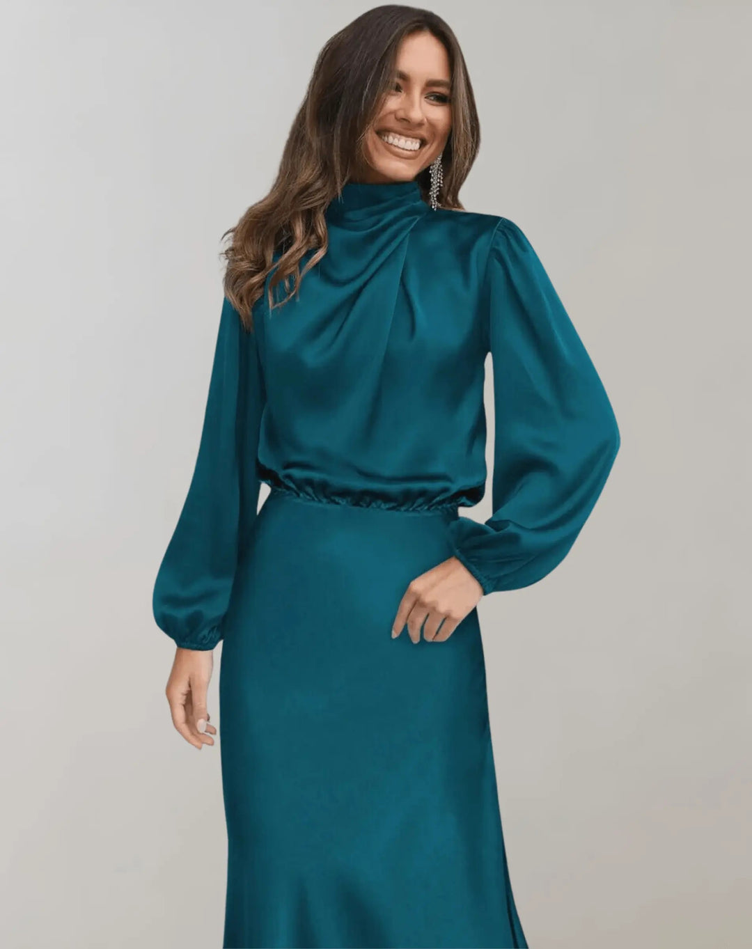 Hoher Kragen Langarm Elegantes Midikleid Für Damen