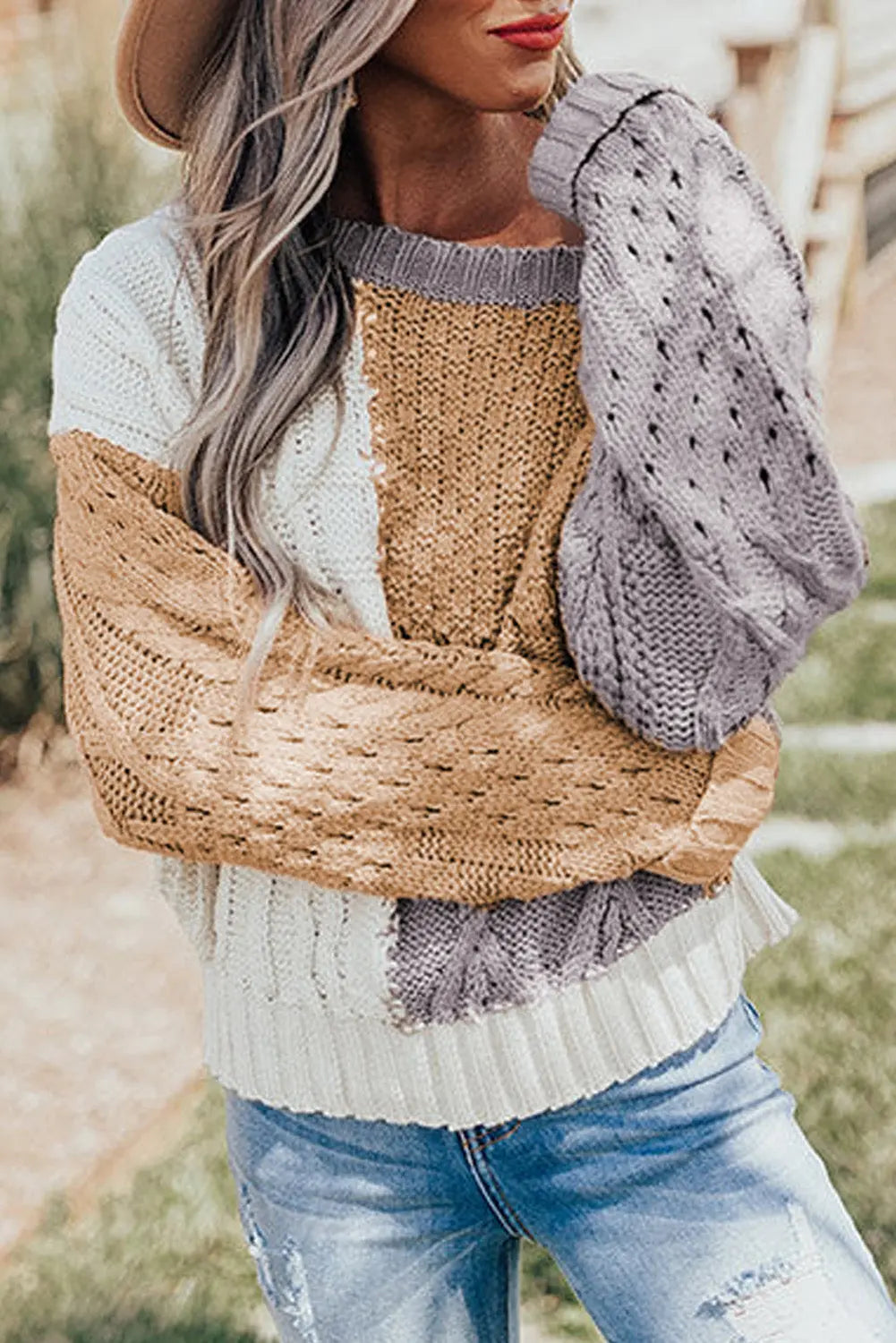 Patchwork Zopfmuster Strickpullover Perfekt Für Winter Damen