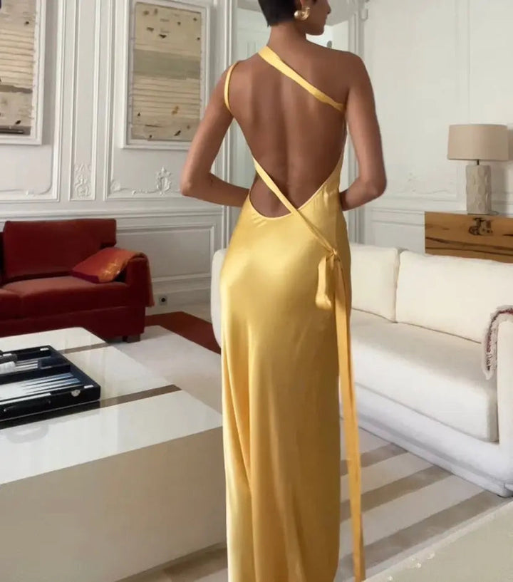 Ärmelloses Satin Kleid Bodenlang mit Einem Schulterträger für Damen