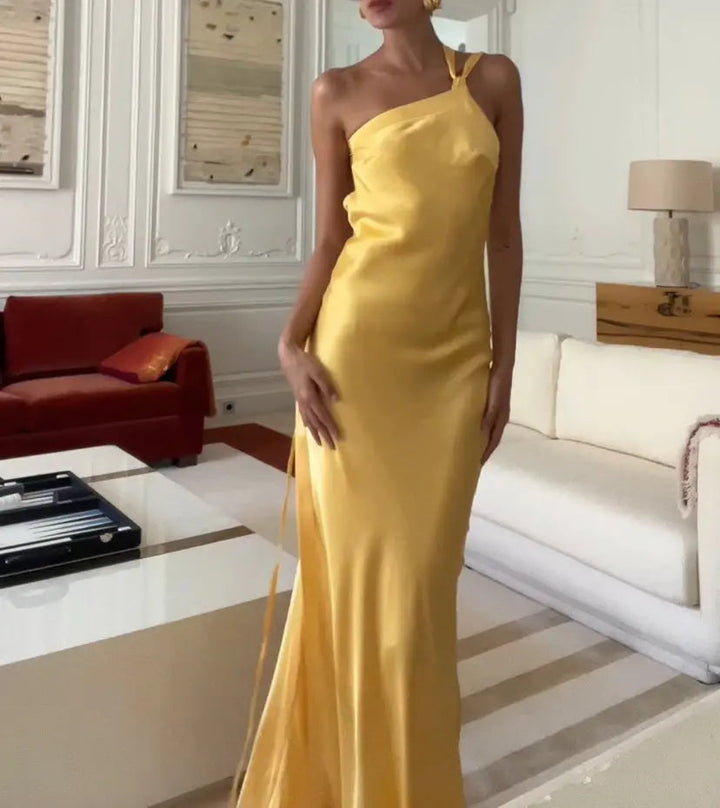 Ärmelloses Satin Kleid Bodenlang mit Einem Schulterträger für Damen