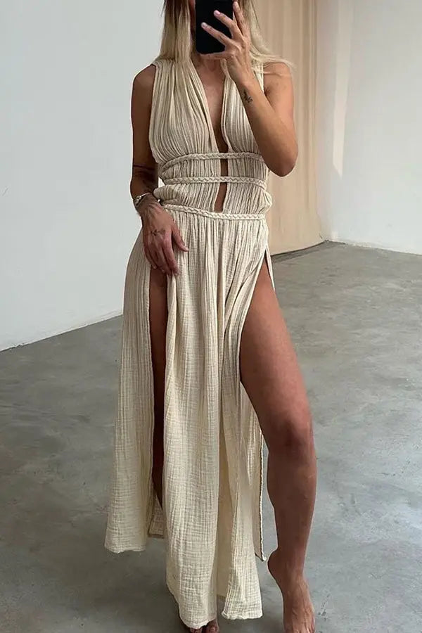 Cut Out Taille Ärmelloses Tiefer Ausschnitt Maxikleid Für Damen