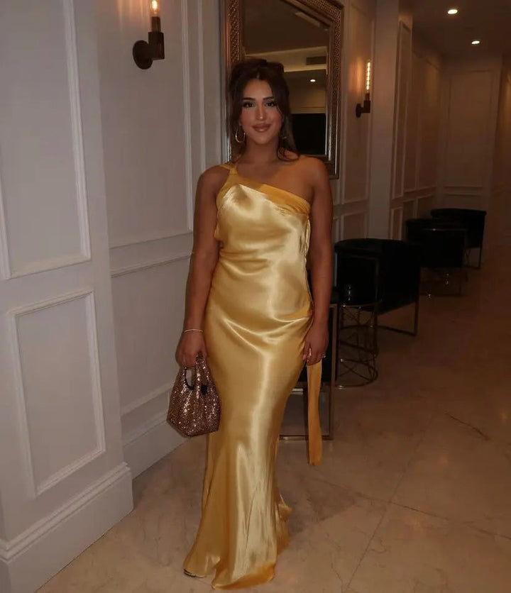 Ärmelloses Satin Kleid Bodenlang mit Einem Schulterträger für Damen