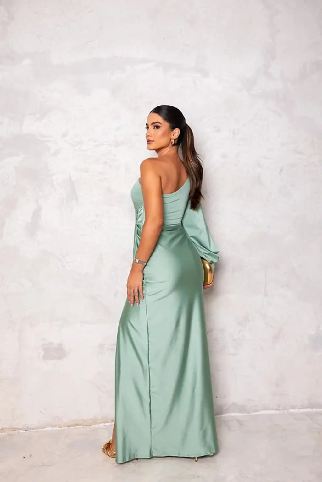 Ein Schulter Langarm Schmal Geschnittenes Maxikleid Für Damen