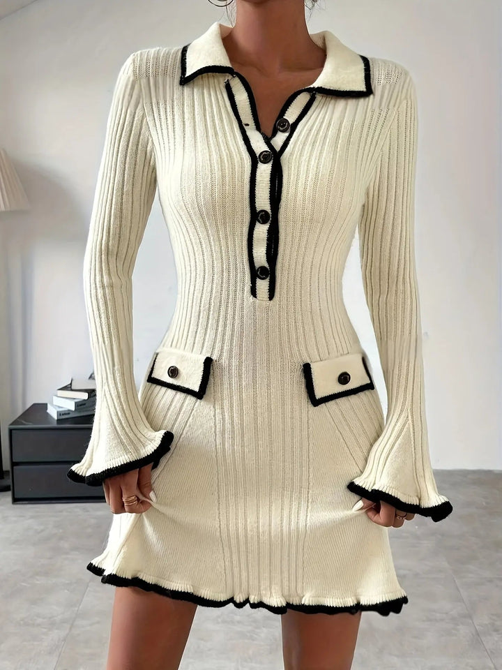 Damen Minikleid mit Kragen, Knöpfen und Taschen Details