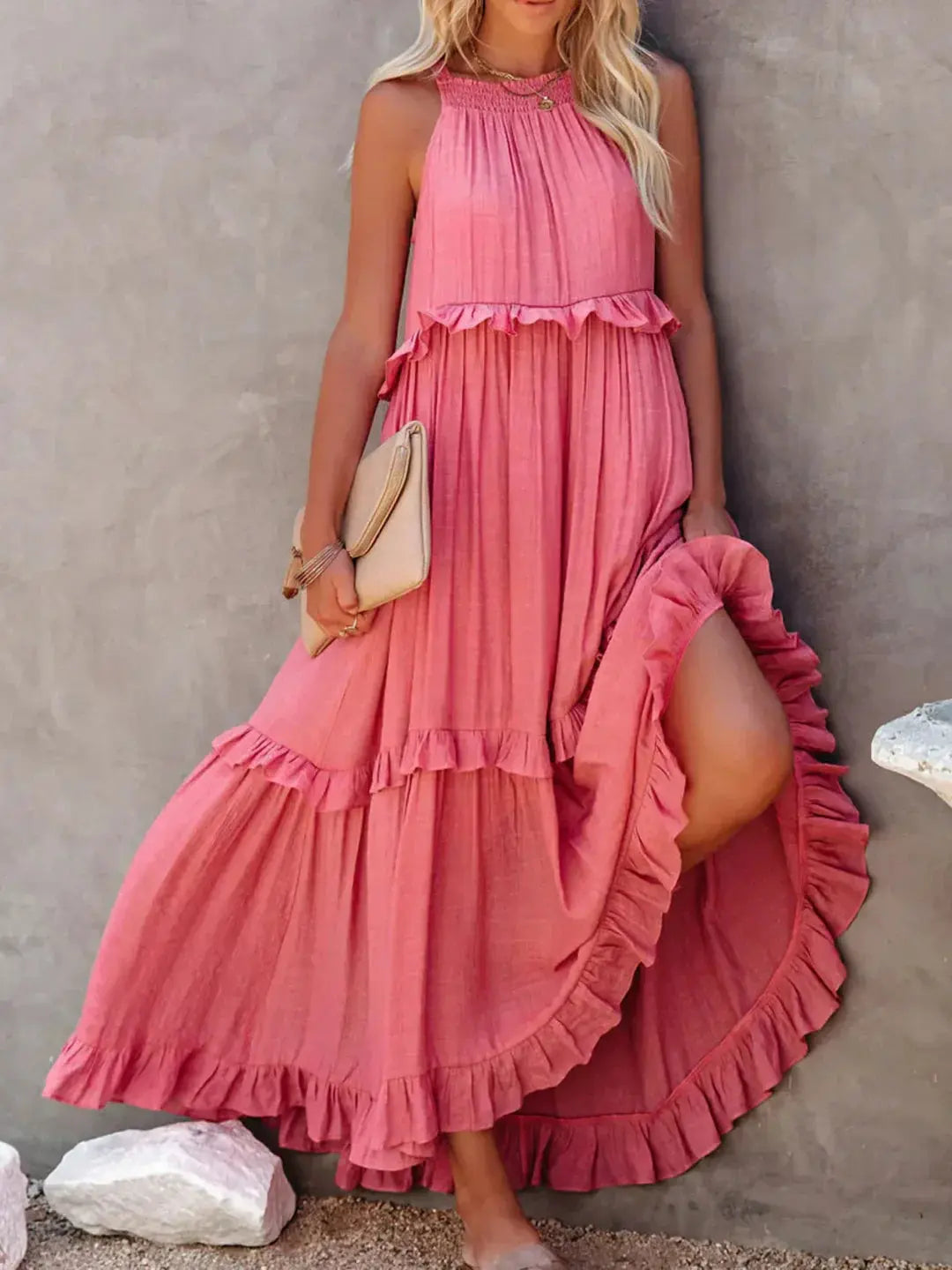 Damen Ärmelloses Maxikleid Mit Rüschen Saum