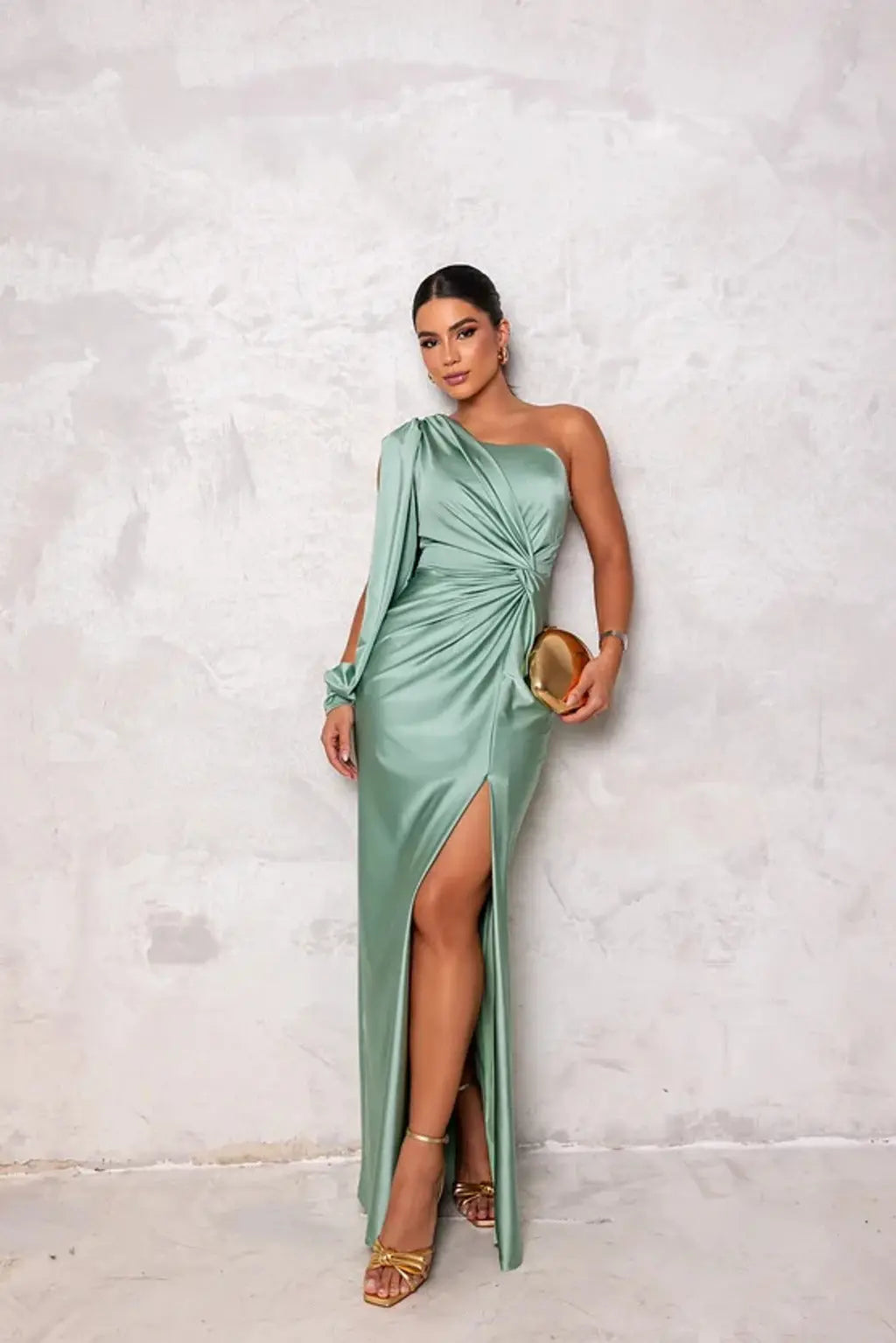 Ein Schulter Langarm Schmal Geschnittenes Maxikleid Für Damen
