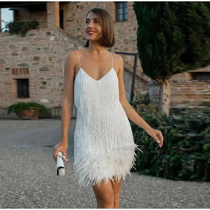 Fransen Mini Kleid Mit Träger Ausschnitt Für Damen