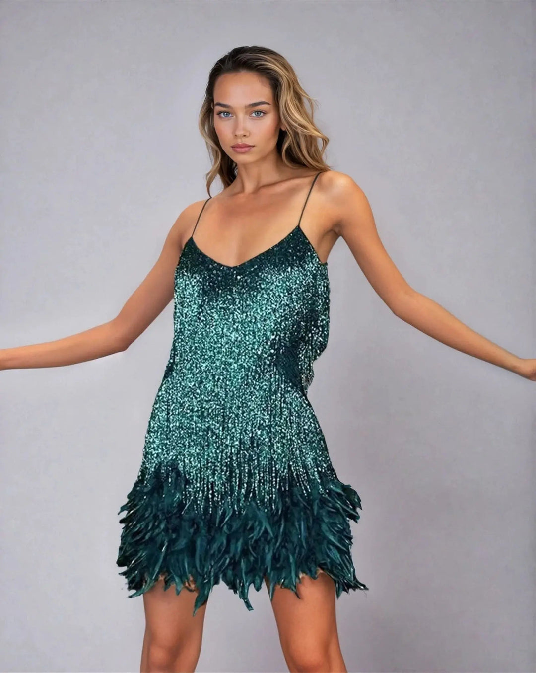 Kurzkleid mit Spaghetti Trägern Fransen und Federn für Damen