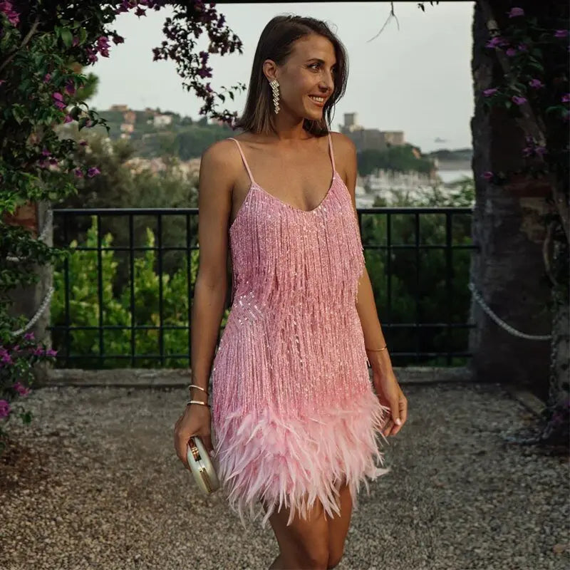 Fransen Mini Kleid Mit Träger Ausschnitt Für Damen