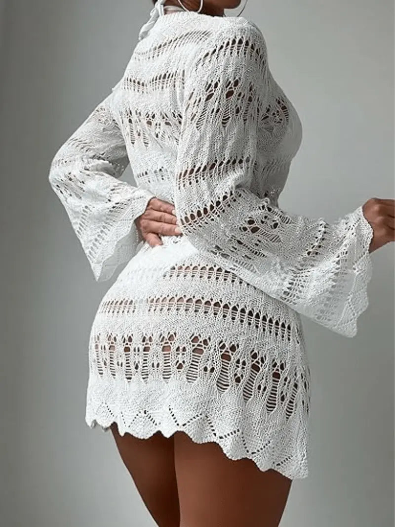 Langarm Minikleid mit Dekorativem Durchbrochenem Muster Für Damen