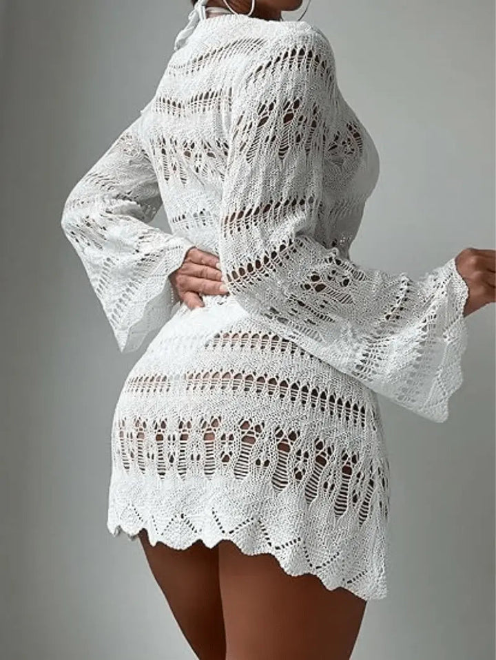 Langarm Minikleid mit Dekorativem Durchbrochenem Muster Für Damen