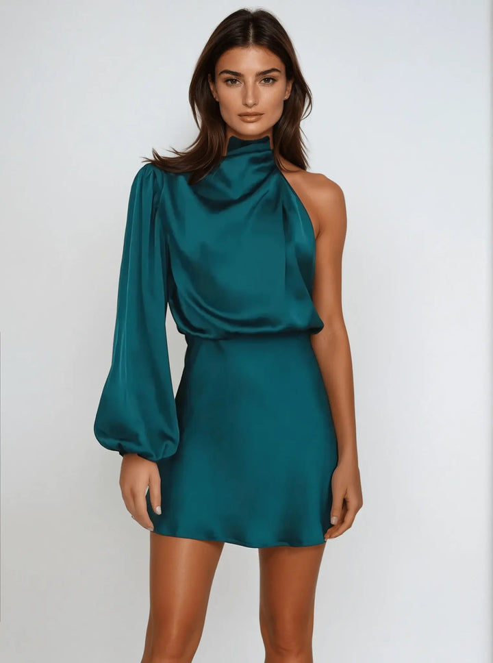 Ein Schulter Satin Minikleid mit Langem Ärmel für Damen
