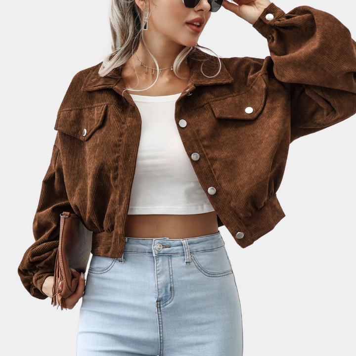 Kurz Geschnittene Cordjacke Mit Trendigen Ballonärmeln Damen