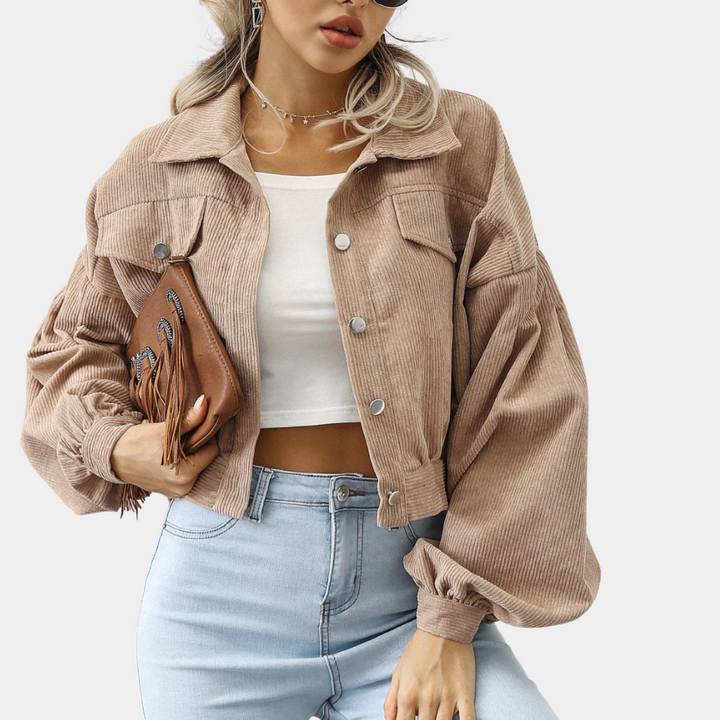 Kurz Geschnittene Cordjacke Mit Trendigen Ballonärmeln Damen