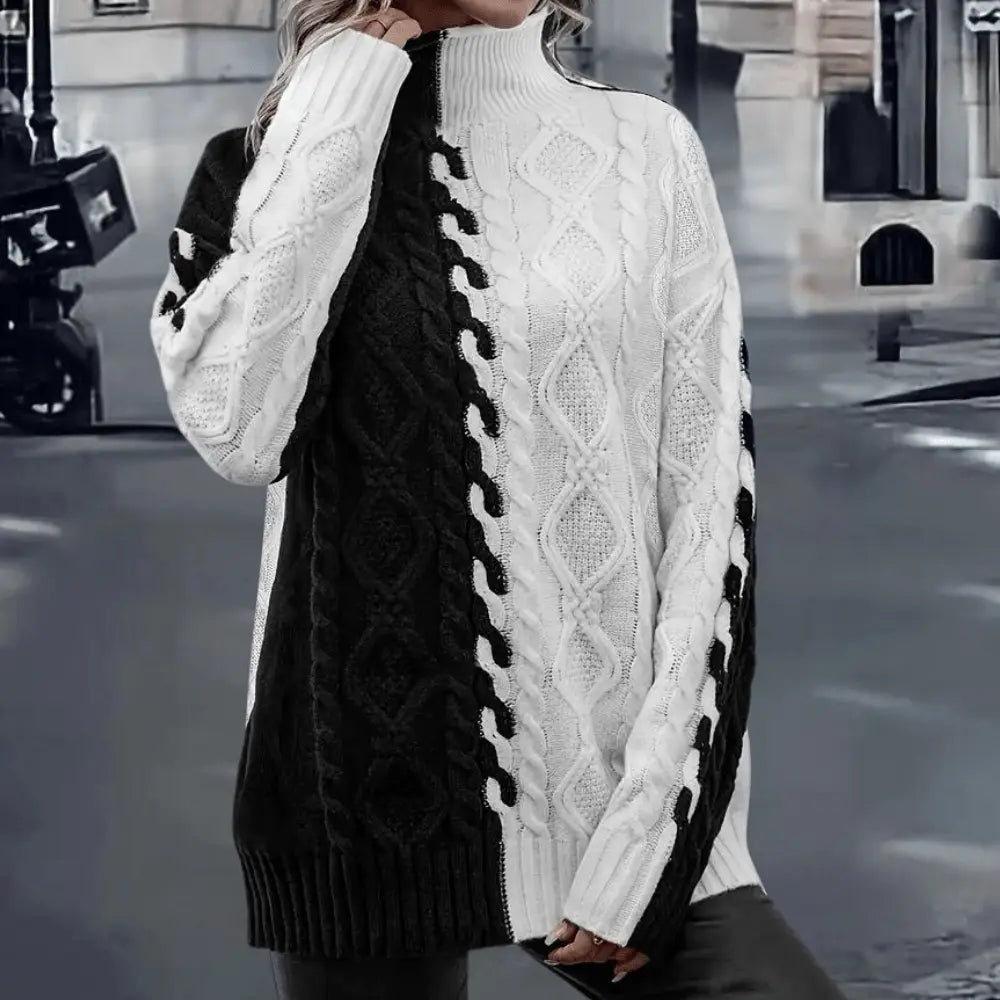 Colorblock Zopfmuster Rollkragenpullover Winter Damen