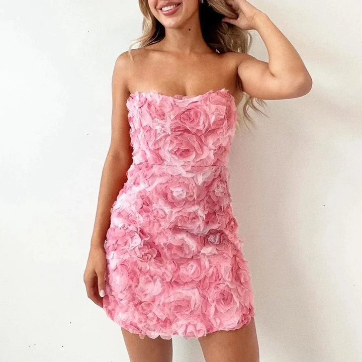 Damen Minikleid Mit Rosenblüten Trägerlosem Design Detail