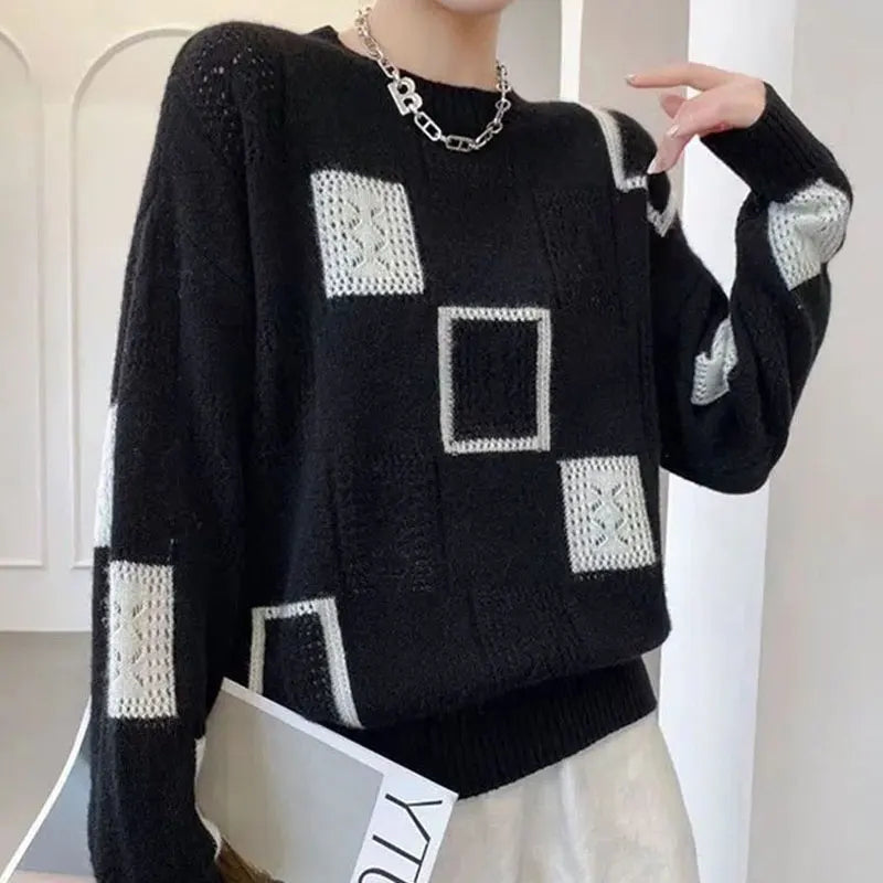 Moderner Strickpullover mit Blockmuster Winter Damen