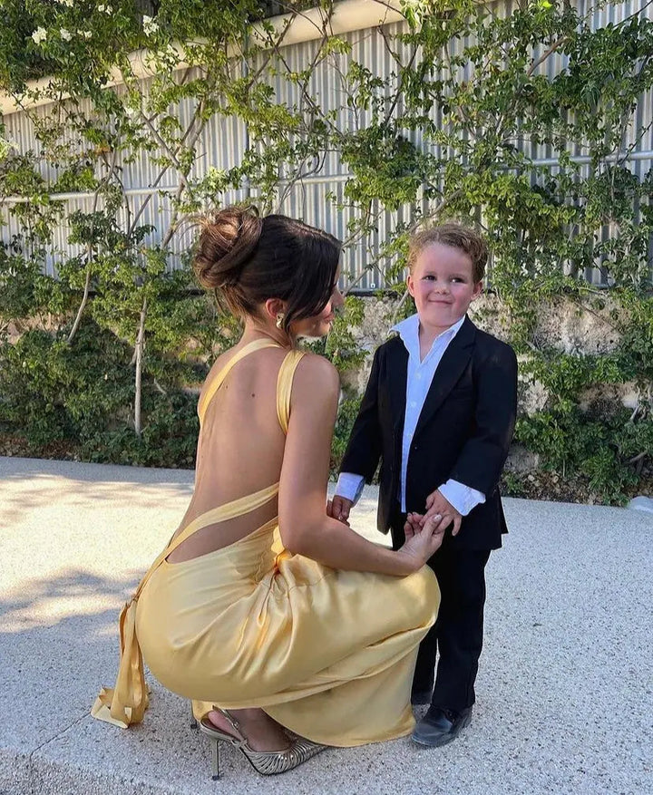 Ärmelloses Satin Kleid Bodenlang mit Einem Schulterträger für Damen