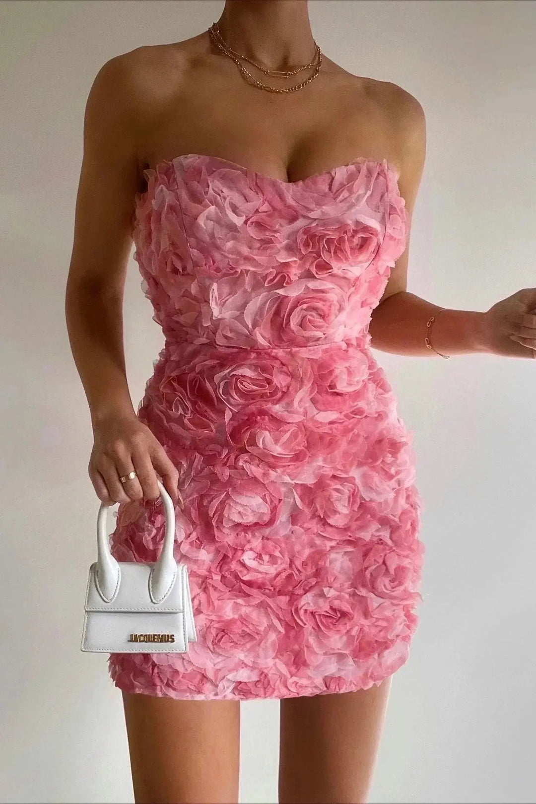 Damen Minikleid Mit Rosenblüten Trägerlosem Design Detail