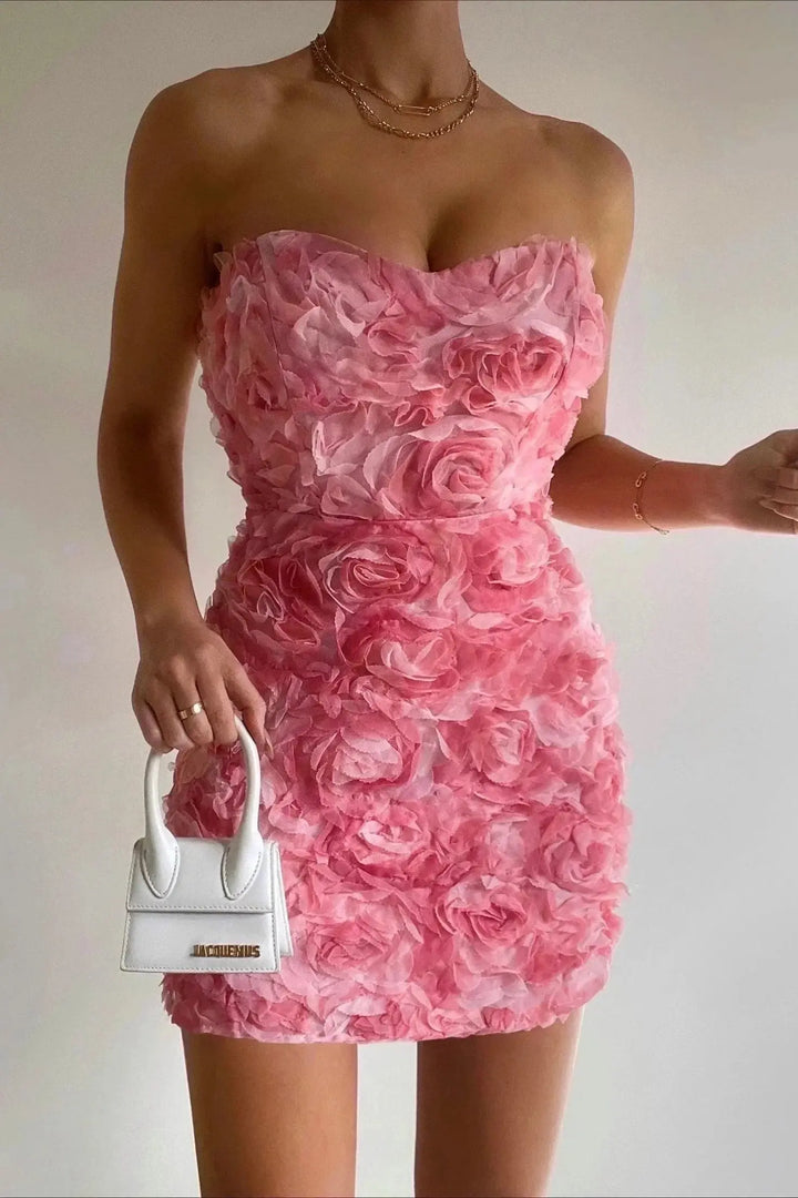 Damen Minikleid Mit Rosenblüten Trägerlosem Design Detail