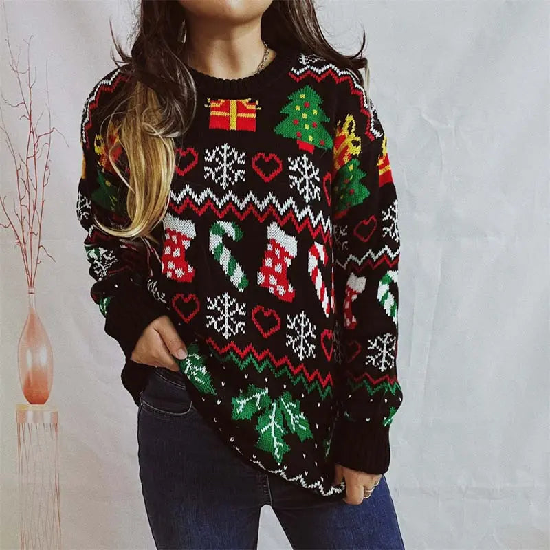 Lustiger Ugly Christmas Pullover mit Strumpfmuster Winter Damen