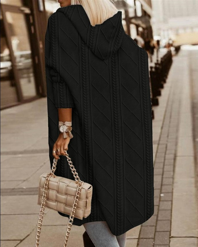 Lässiger Winter-Strickmantel mit Kapuze und Offener Front Damen