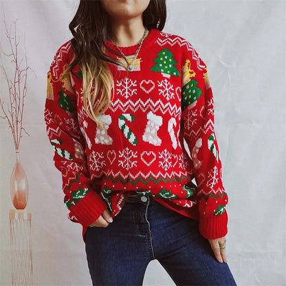 Lustiger Ugly Christmas Pullover mit Strumpfmuster Winter Damen
