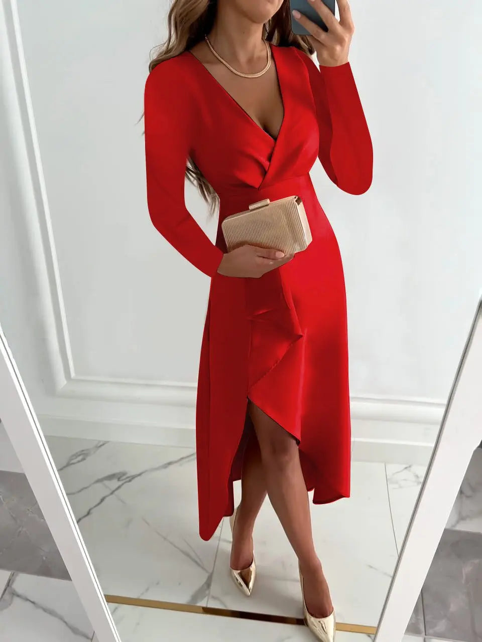 Wickel-Midikleid für Damen mit langen Ärmeln