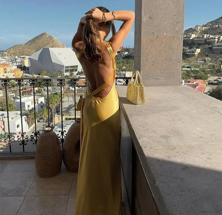 Ärmelloses Satin Kleid Bodenlang mit Einem Schulterträger für Damen