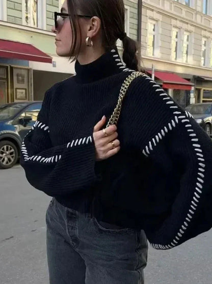 Übergroßer Rollkragenpullover mit Kontrastnähten Winter Damen
