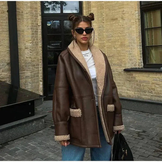 Übergroße Shearlingjacke Freizeit Street  Damen Winter