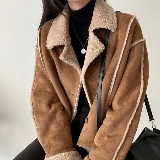 Hüftlange Jacke mit Reverskragen und sichtbarer Fellimitat-Fütterung Für Damen