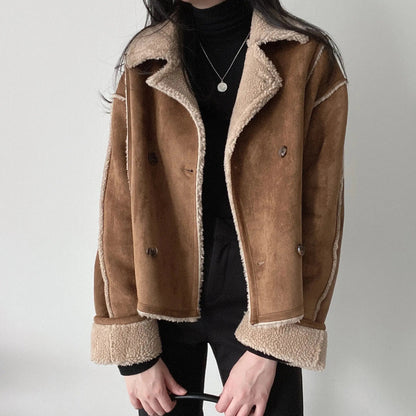 Hüftlange Jacke mit Reverskragen und sichtbarer Fellimitat-Fütterung Für Damen
