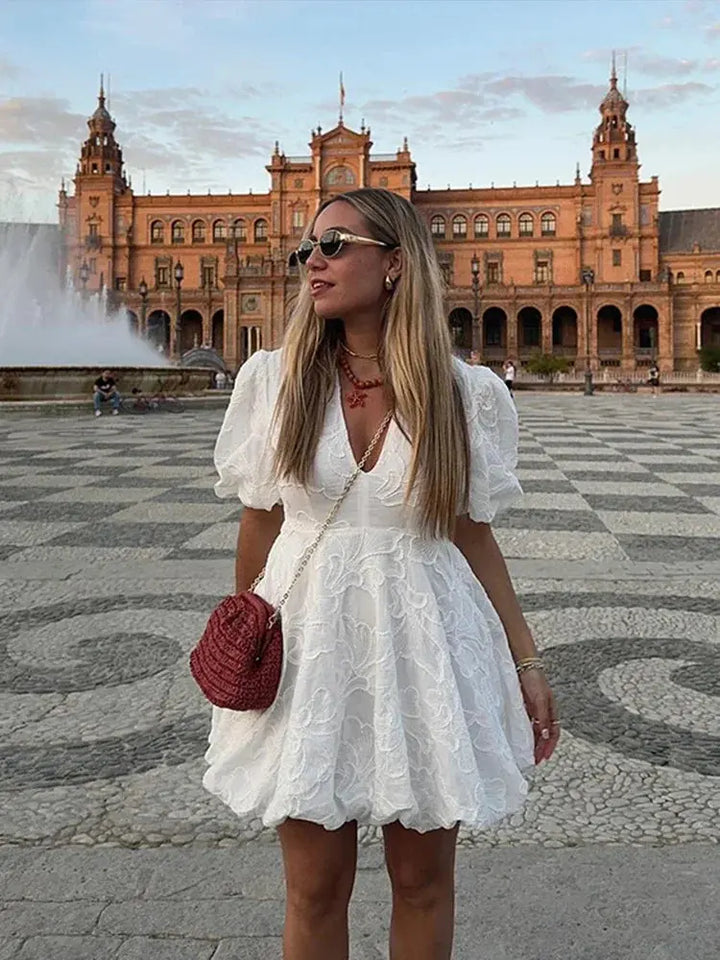 Damen Minikleid Mit Puffärmeln Und V-Ausschnitt