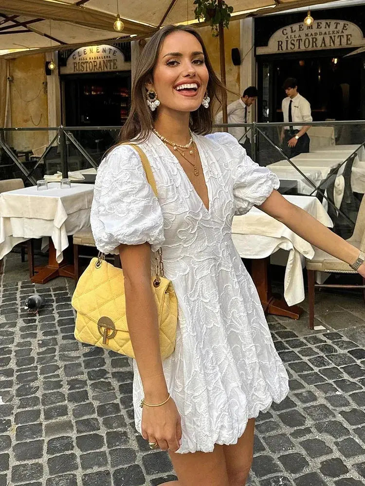 Damen Minikleid Mit Puffärmeln Und V-Ausschnitt