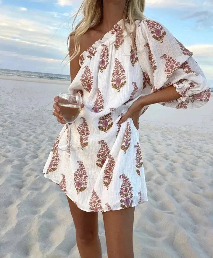 Damen Kleid Mit Einer Schulter Und Blumenmuster-Print