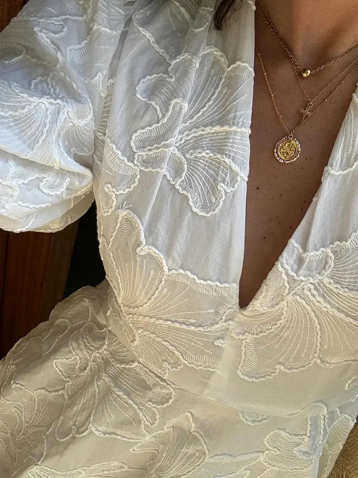Damen Minikleid Mit Puffärmeln Und V-Ausschnitt