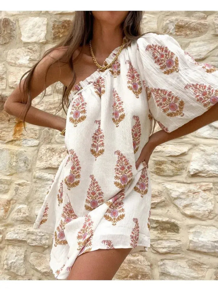 Damen Kleid Mit Einer Schulter Und Blumenmuster-Print