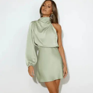Ein Schulter Satin Minikleid mit Langem Ärmel für Damen