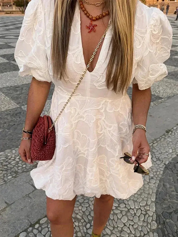 Damen Minikleid Mit Puffärmeln Und V-Ausschnitt