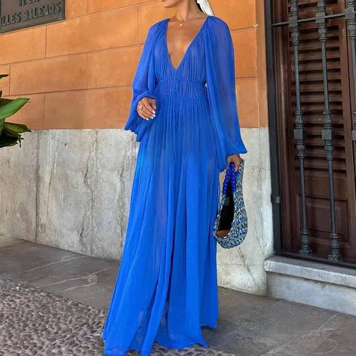 Damen Maxikleid Mit Langen Ärmeln Und Tiefem V-Ausschnitt