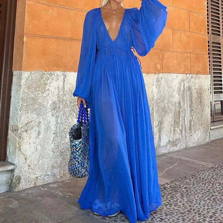 Damen Maxikleid Mit Langen Ärmeln Und Tiefem V-Ausschnitt